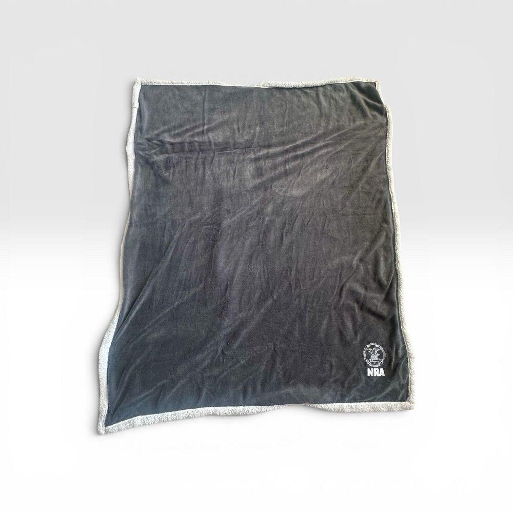 NRA Sherpa Throw Blanket Gray Plush Fleece Embroidered Logo 59x47 Polyester
